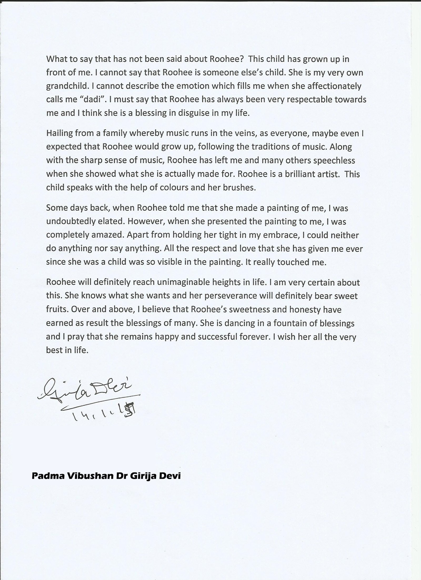 Appreciation by Girija Devi