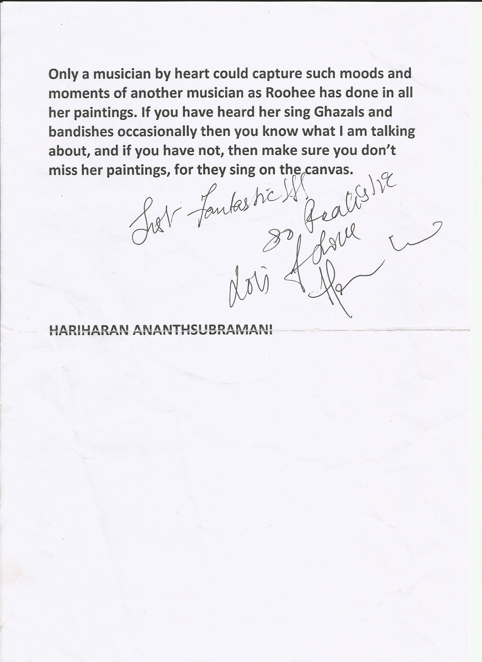 Appreciation by Hariharan