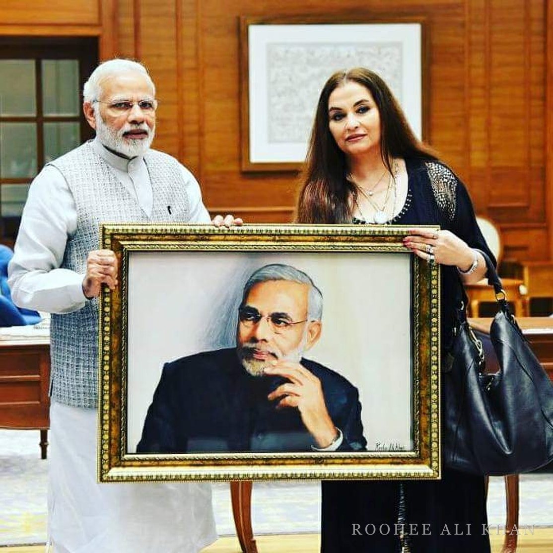 As on the old site: Salma Agha handed the painting over; the News page records that it has reached Shri Narendra Modi.